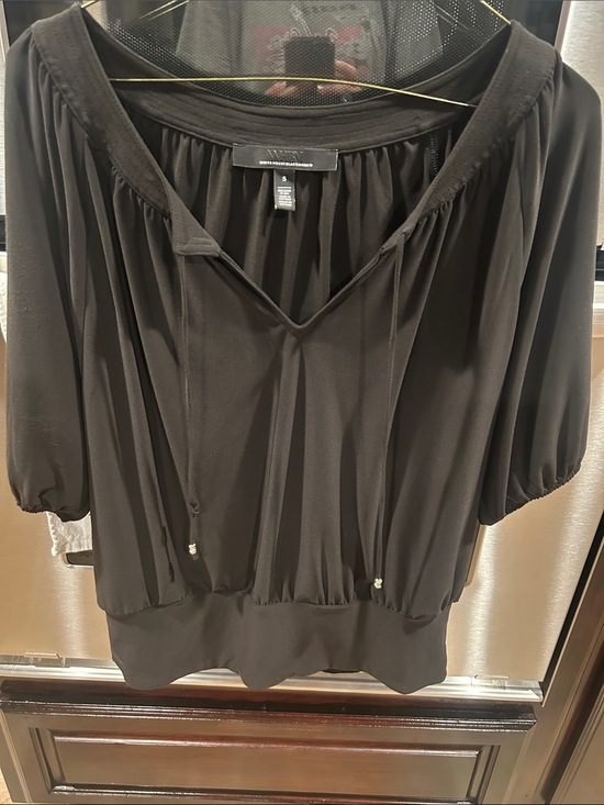 White House Black Market Tops - Women’s Black Peasant Top with V-Tie Neck